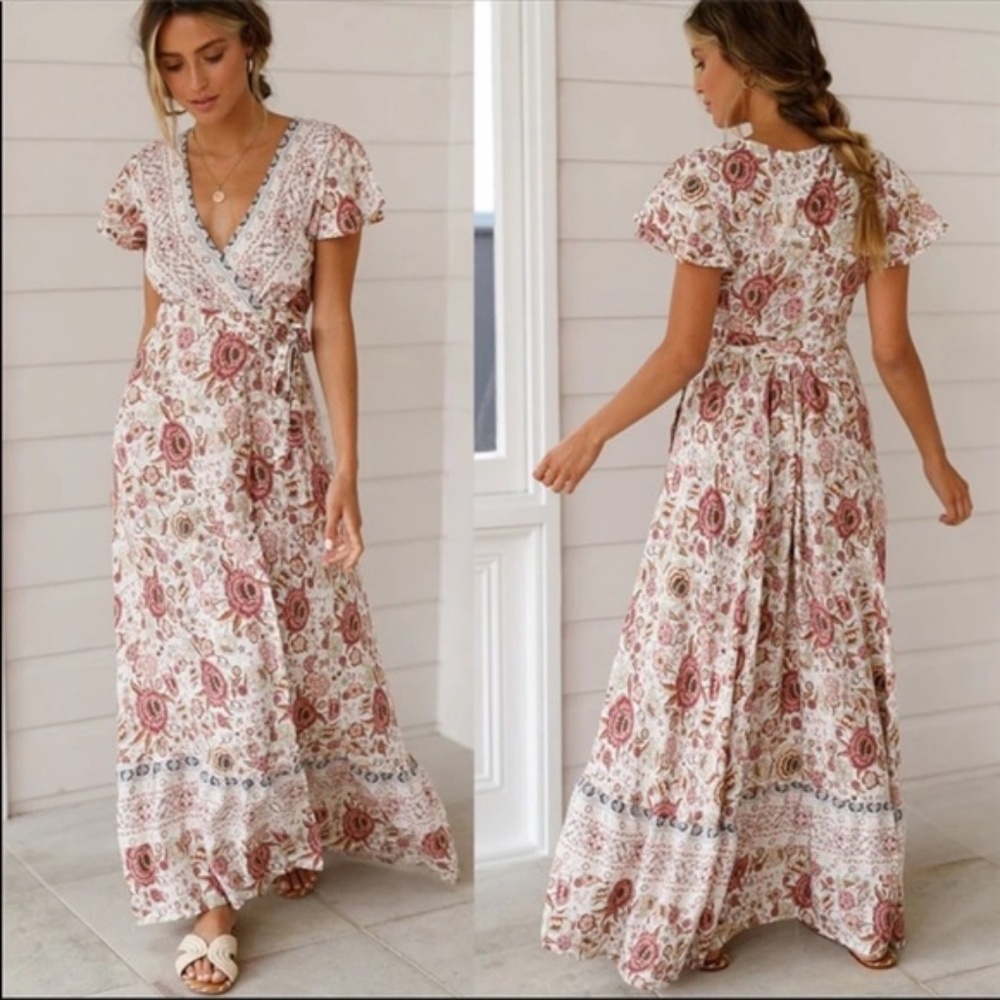BOHO Chic FLORAL Print WRAP dress - Picture 2 of 7